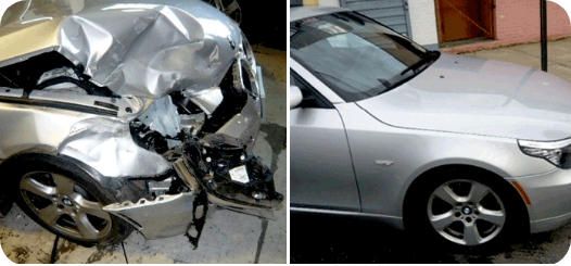 Aceeași mașină înainte și după reparația unui accident